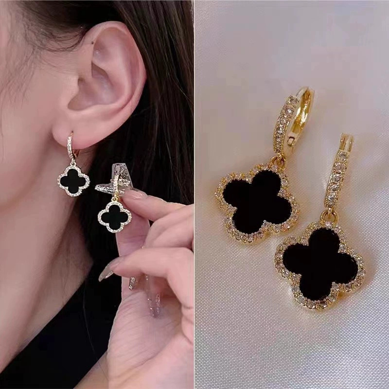 Posh Glimmer New Design Fashion Four Clover Gold Earrings 2025 Lucky Diamond Hoop Earrings High-grade Women's Jewelry Retro Classy Earrings