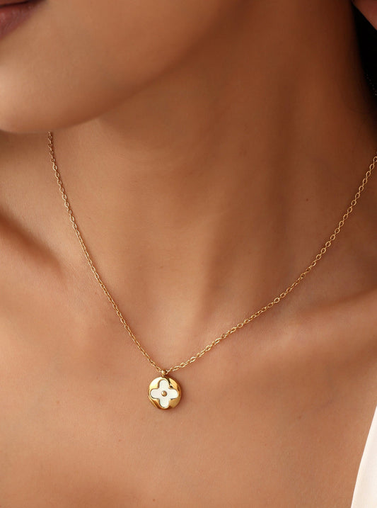 Gold Plated Necklace with White Clover-Inspired Round Pendant