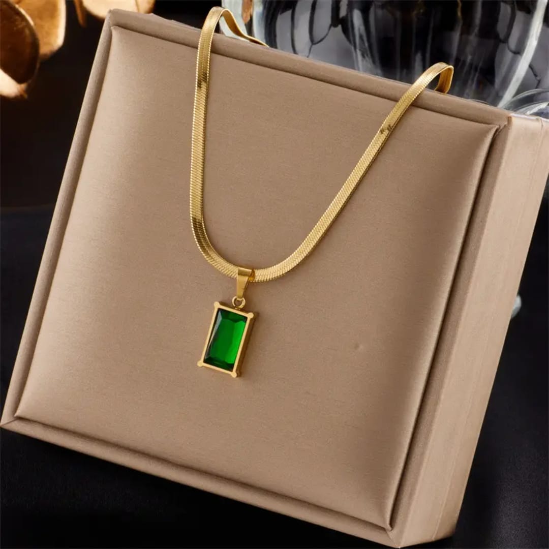 Elegant Gold Plated Necklace with Emerald Green Rectangular Pendant