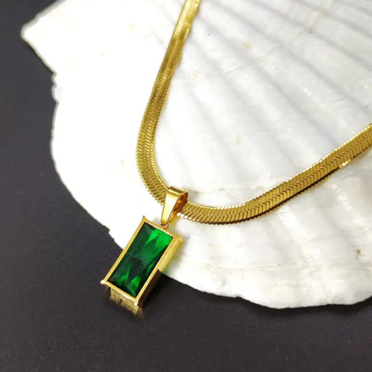 Elegant Gold Plated Necklace with Emerald Green Rectangular Pendant