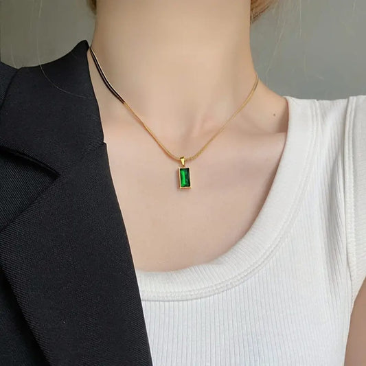 Elegant Gold Plated Necklace with Emerald Green Rectangular Pendant