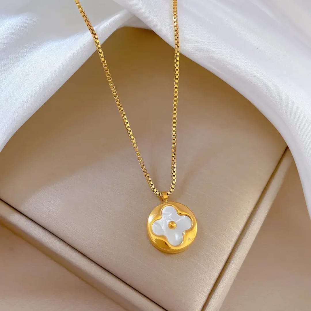 Gold Plated Necklace with White Clover-Inspired Round Pendant