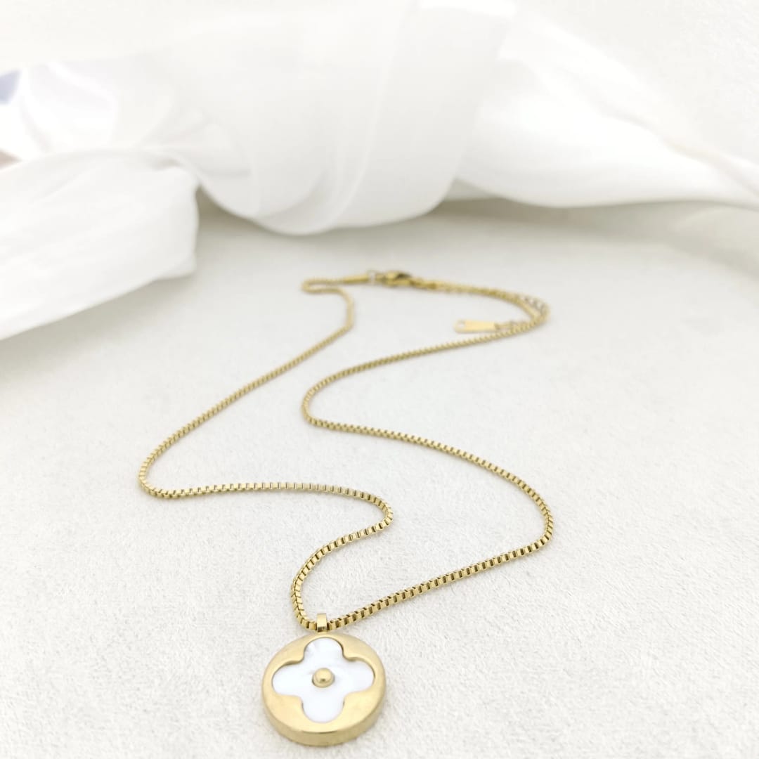 Gold Plated Necklace with White Clover-Inspired Round Pendant