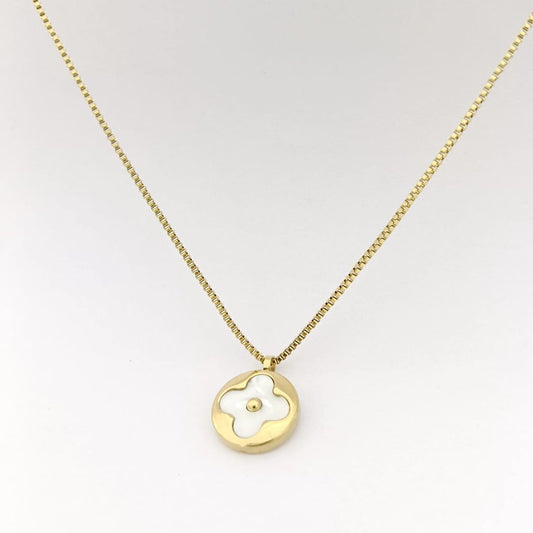 Gold Plated Necklace with White Clover-Inspired Round Pendant